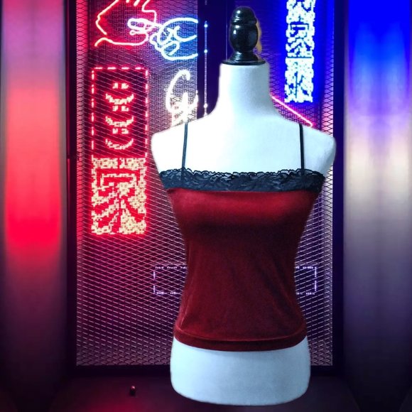 Women's Le Chateau, Red Velour & Lace Style Top, Made in Canada - Picture 1 of 2